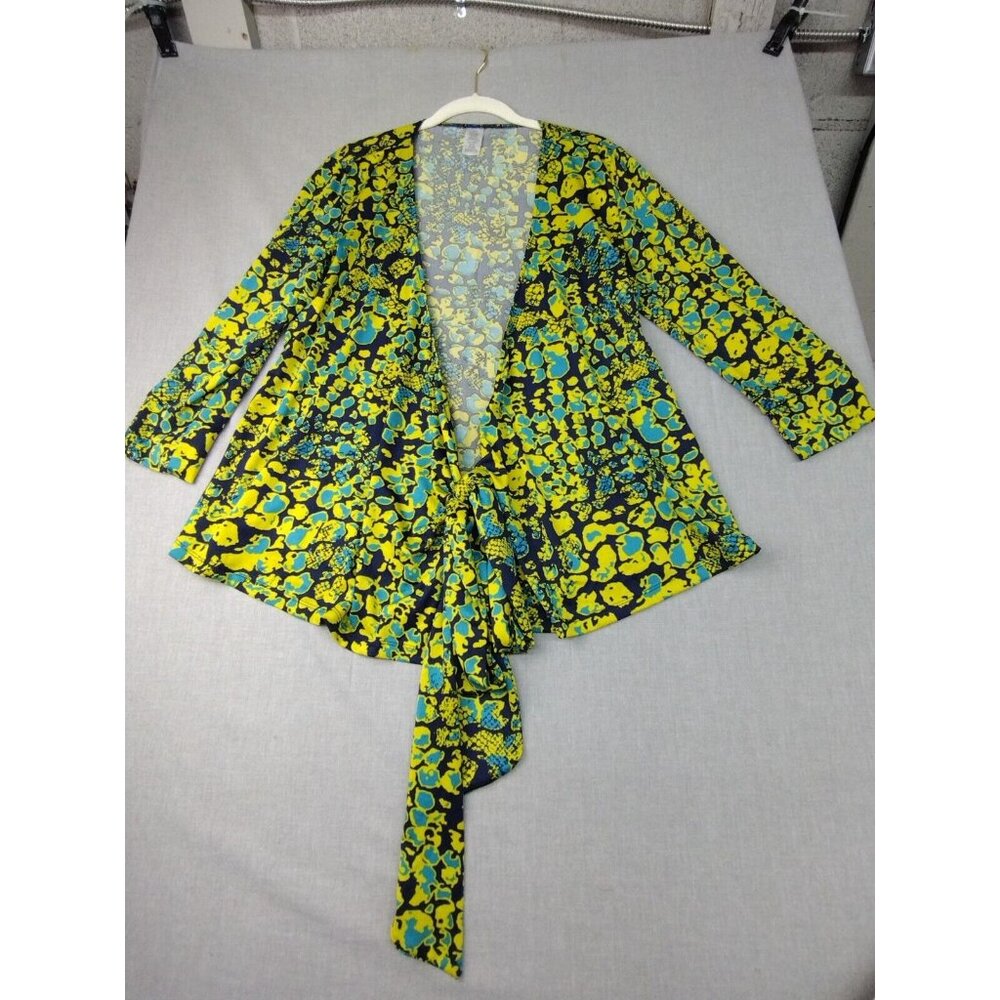 Women's Green Tie-Front Vibrant Abstract Print 3/4 Sleeve Cardigan M/M USED